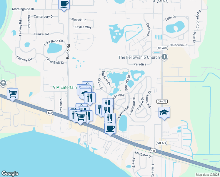 map of restaurants, bars, coffee shops, grocery stores, and more near 133 Sea Fern Drive in Leesburg