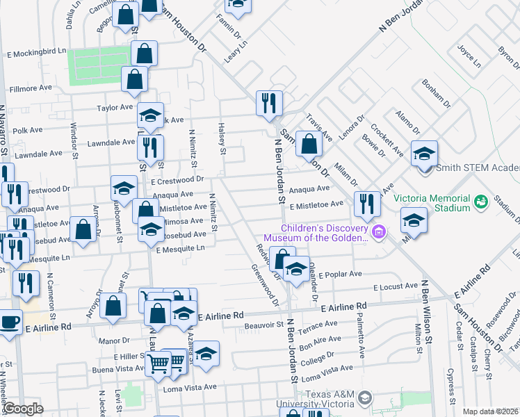 map of restaurants, bars, coffee shops, grocery stores, and more near 2001 East Mistletoe Avenue in Victoria