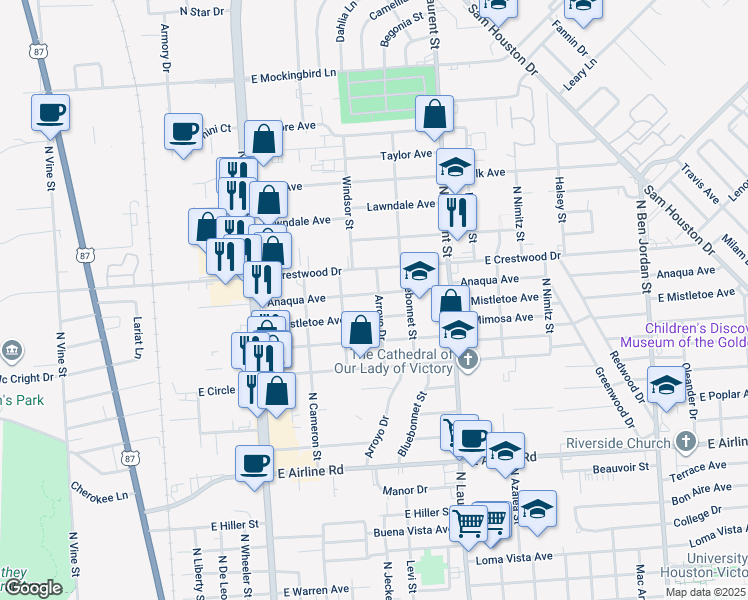 map of restaurants, bars, coffee shops, grocery stores, and more near 811 Anaqua Avenue in Victoria