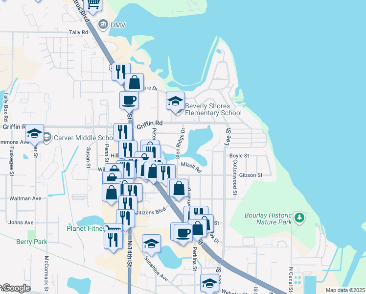map of restaurants, bars, coffee shops, grocery stores, and more near 1302 Maugans Avenue in Leesburg