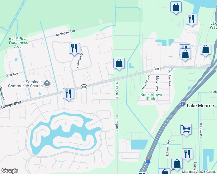 map of restaurants, bars, coffee shops, grocery stores, and more near 1240 Cathcart Circle in Sanford