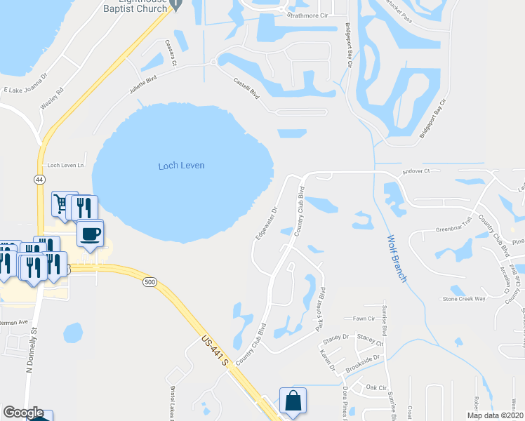 map of restaurants, bars, coffee shops, grocery stores, and more near 1781 Edgewater Drive in Mount Dora