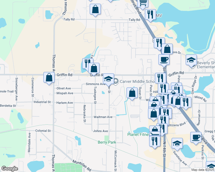 map of restaurants, bars, coffee shops, grocery stores, and more near 1123 Beecher Street in Leesburg