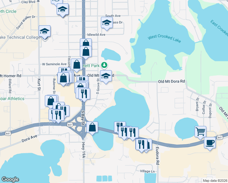 map of restaurants, bars, coffee shops, grocery stores, and more near 43 Cove Lane in Eustis