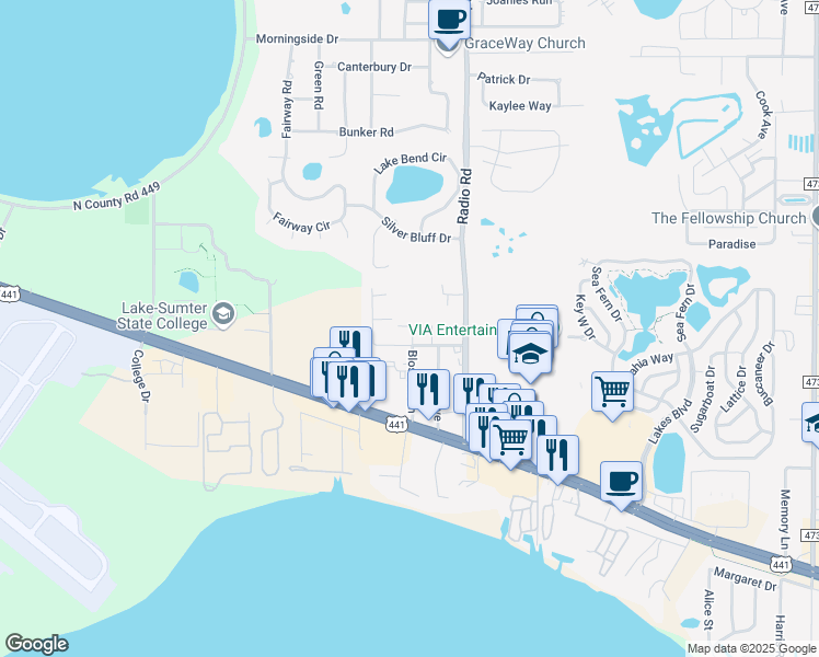 map of restaurants, bars, coffee shops, grocery stores, and more near 32829 Blossom Lane in Leesburg