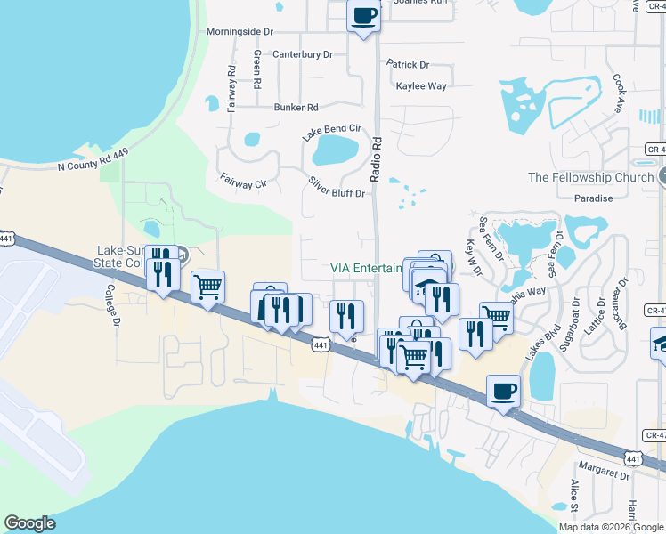 map of restaurants, bars, coffee shops, grocery stores, and more near 32815 Blossom Lane in Leesburg