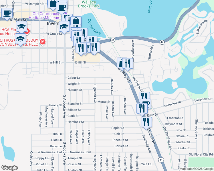 map of restaurants, bars, coffee shops, grocery stores, and more near 502 Hudson Street in Inverness