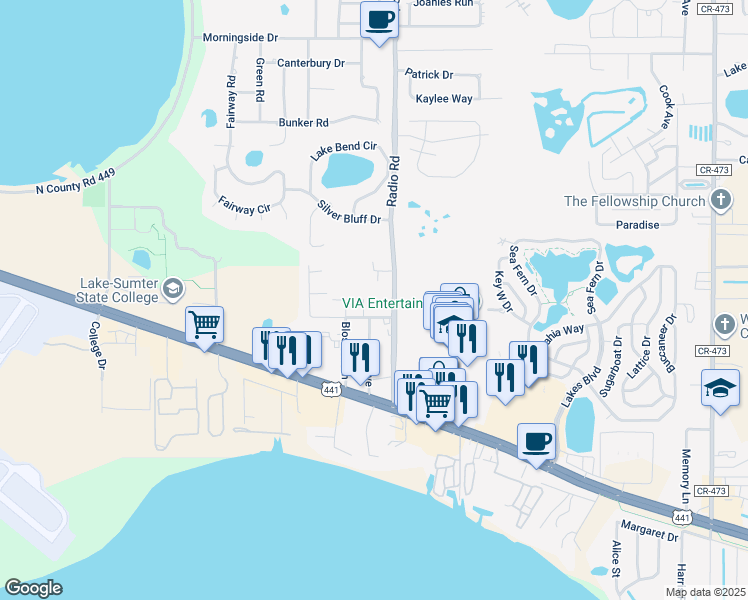 map of restaurants, bars, coffee shops, grocery stores, and more near 32815 Radio Road in Leesburg