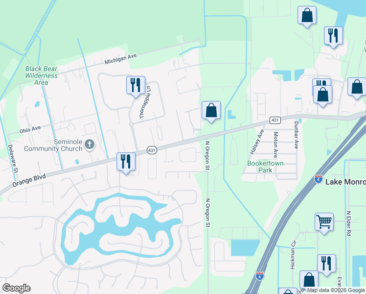 map of restaurants, bars, coffee shops, grocery stores, and more near 1193 Cathcart Circle in Sanford