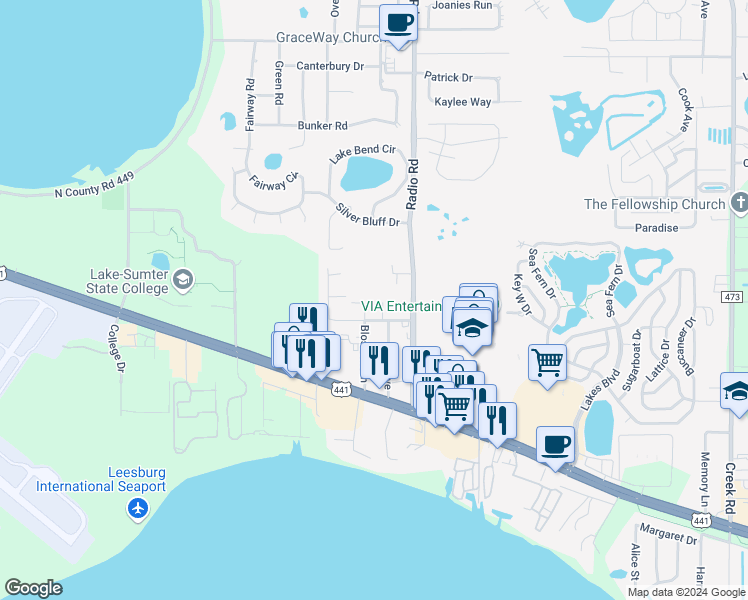 map of restaurants, bars, coffee shops, grocery stores, and more near 32804 Blossom Lane in Leesburg