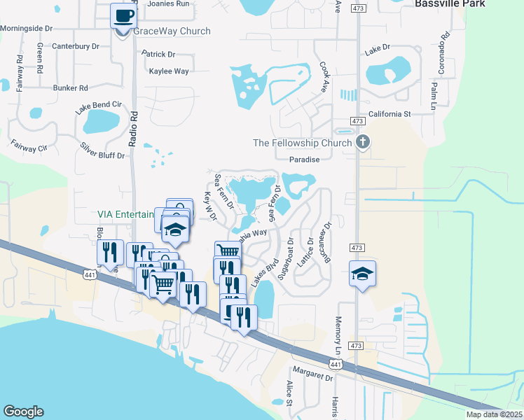 map of restaurants, bars, coffee shops, grocery stores, and more near 74 Sea Fern Drive in Leesburg