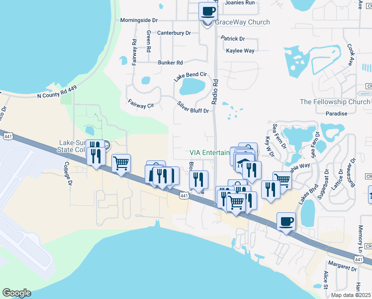map of restaurants, bars, coffee shops, grocery stores, and more near 32821 Blossom Lane in Leesburg
