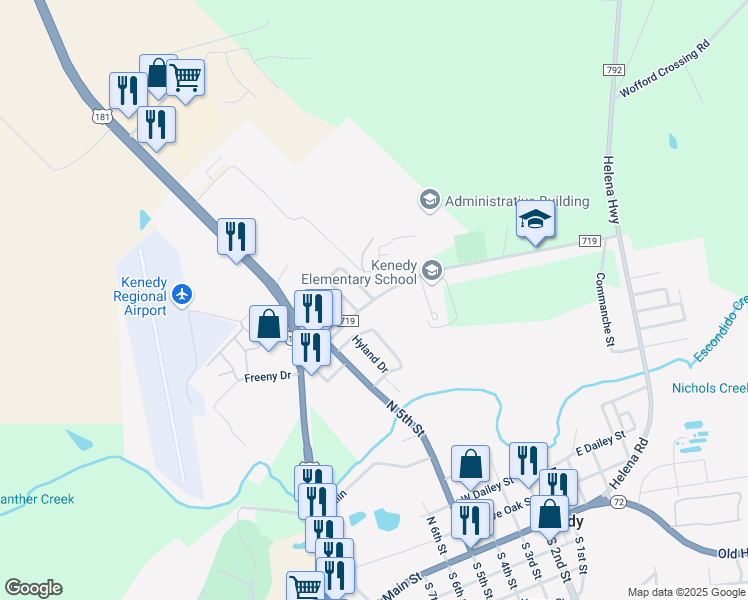 map of restaurants, bars, coffee shops, grocery stores, and more near 270 Farm to Market Road 719 in Kenedy