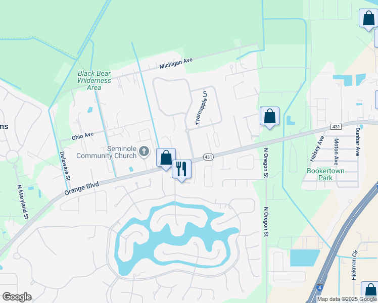 map of restaurants, bars, coffee shops, grocery stores, and more near 1432 Stargazer Terrace in Sanford