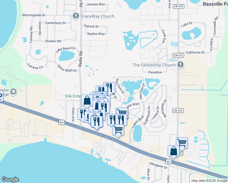 map of restaurants, bars, coffee shops, grocery stores, and more near 13-21 Key West Court in Leesburg