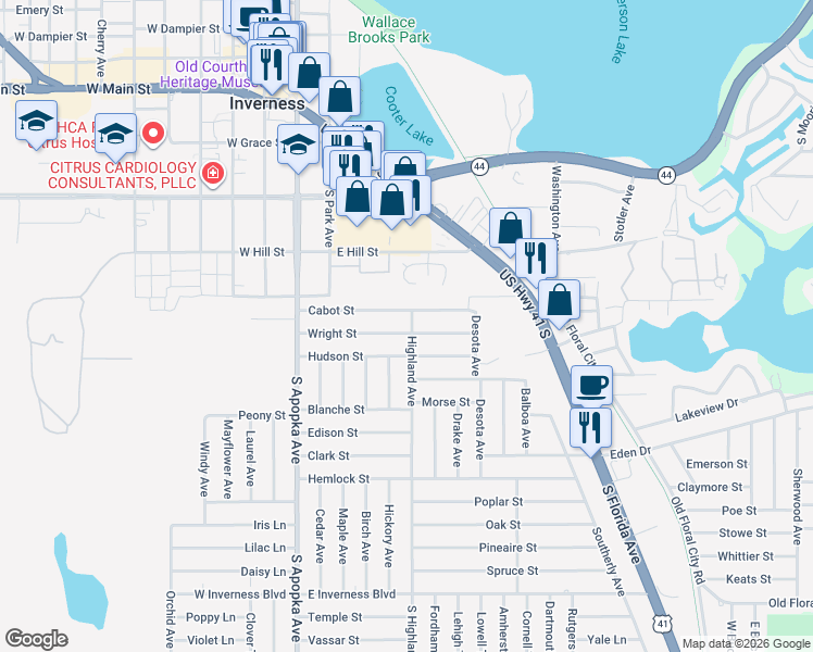 map of restaurants, bars, coffee shops, grocery stores, and more near 404 Hudson Street in Inverness