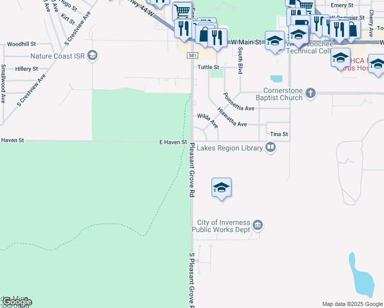 map of restaurants, bars, coffee shops, grocery stores, and more near Pleasant Grove Road in Inverness