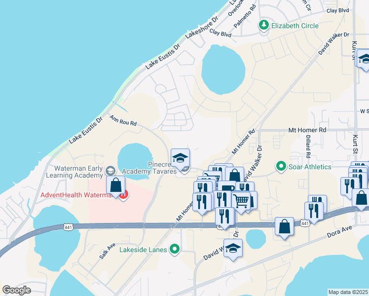 map of restaurants, bars, coffee shops, grocery stores, and more near 2570 Ann Rou Road in Tavares