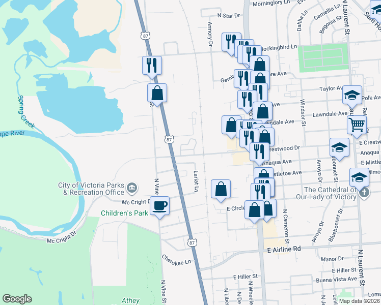 map of restaurants, bars, coffee shops, grocery stores, and more near 106 West Crestwood Drive in Victoria