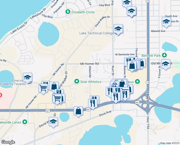 map of restaurants, bars, coffee shops, grocery stores, and more near 2751 Dillard Road in Eustis