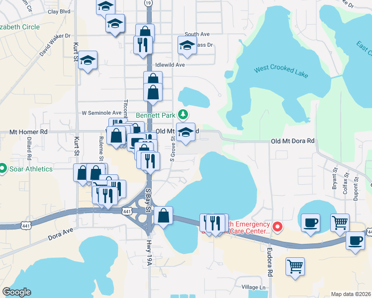 map of restaurants, bars, coffee shops, grocery stores, and more near 2727 South Grove Street in Eustis