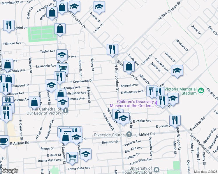 map of restaurants, bars, coffee shops, grocery stores, and more near 2003 Anaqua Avenue in Victoria