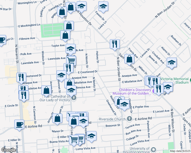 map of restaurants, bars, coffee shops, grocery stores, and more near 1611 East Crestwood Drive in Victoria