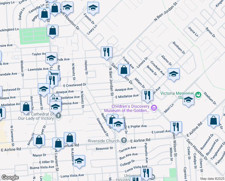 map of restaurants, bars, coffee shops, grocery stores, and more near 2102 Anaqua Avenue in Victoria