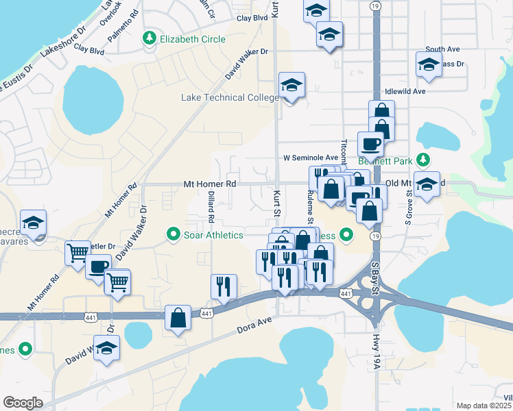 map of restaurants, bars, coffee shops, grocery stores, and more near 630 Mount Homer Road in Eustis