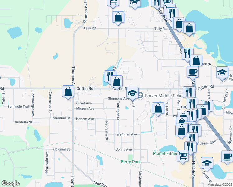map of restaurants, bars, coffee shops, grocery stores, and more near 1223 Tuskegee Street in Leesburg