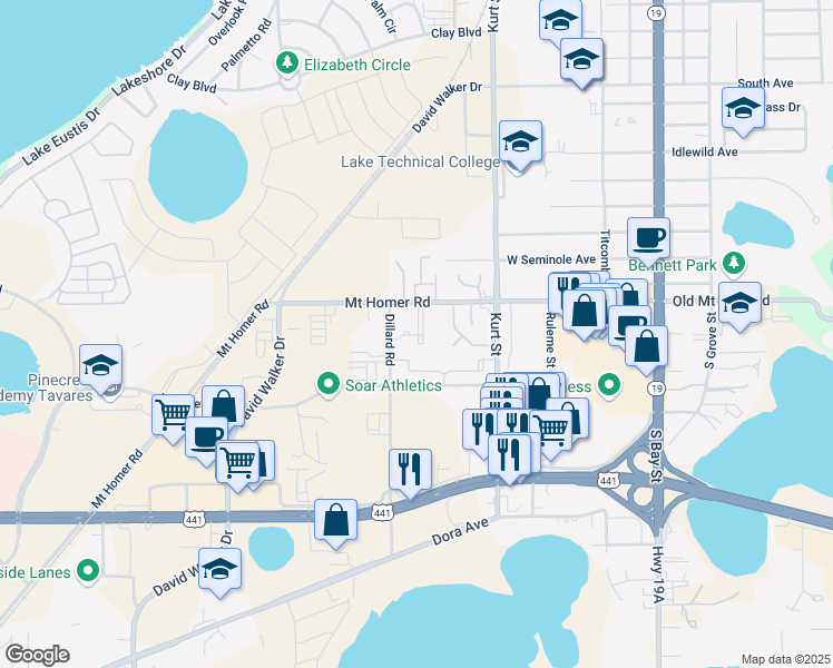 map of restaurants, bars, coffee shops, grocery stores, and more near 700 Mount Homer Road in Eustis