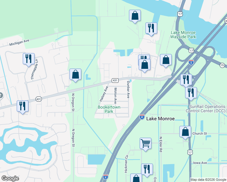 map of restaurants, bars, coffee shops, grocery stores, and more near 1220 Moton Avenue in Sanford