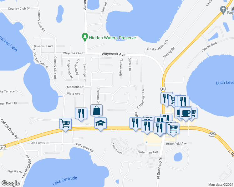 map of restaurants, bars, coffee shops, grocery stores, and more near 2631 Gables Drive in Eustis