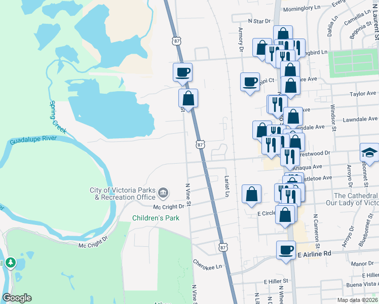 map of restaurants, bars, coffee shops, grocery stores, and more near 3613 North Main Street in Victoria