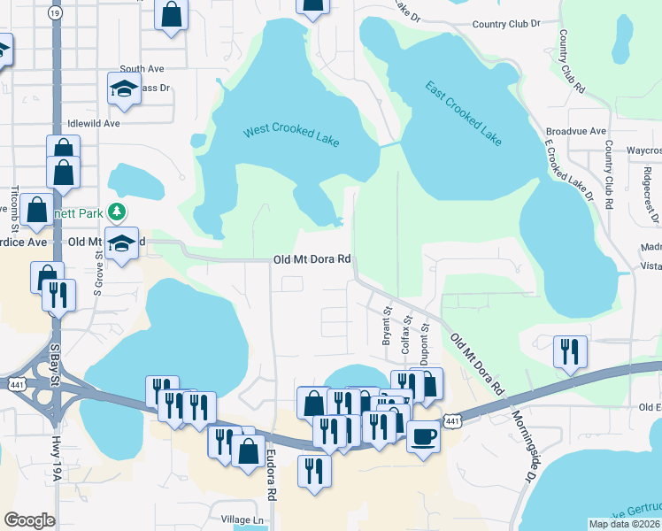 map of restaurants, bars, coffee shops, grocery stores, and more near 1244 Old Mount Dora Road in Eustis
