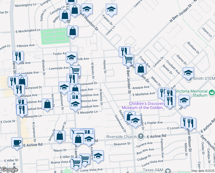 map of restaurants, bars, coffee shops, grocery stores, and more near 1807 East Crestwood Drive in Victoria
