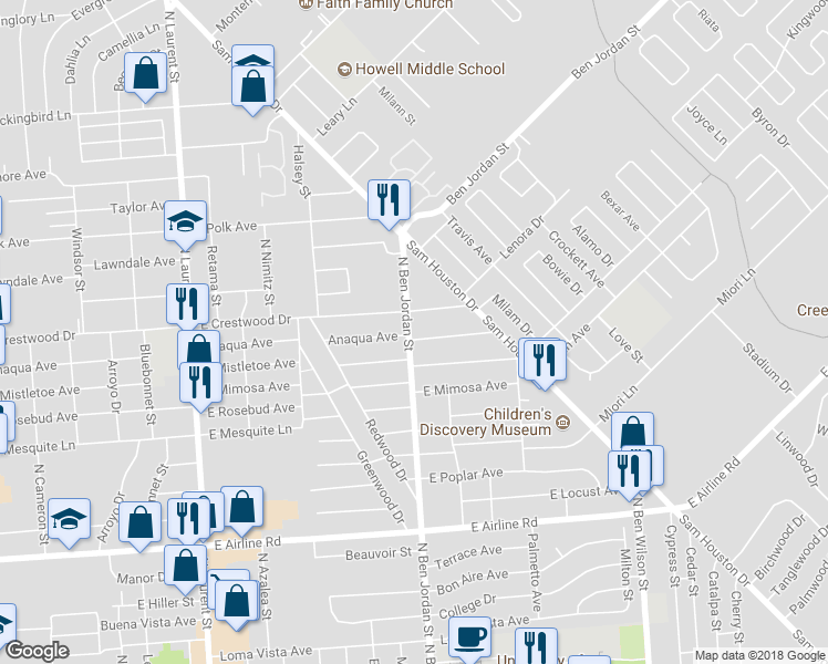 map of restaurants, bars, coffee shops, grocery stores, and more near 2102 Anaqua Avenue in Victoria