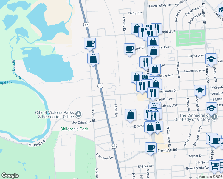 map of restaurants, bars, coffee shops, grocery stores, and more near 106 West Crestwood Drive in Victoria