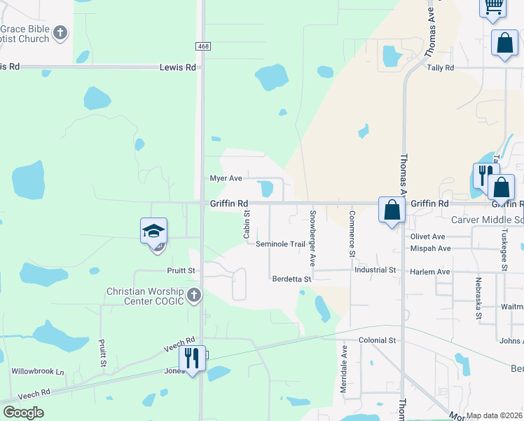 map of restaurants, bars, coffee shops, grocery stores, and more near 2729 Griffin Road in Leesburg
