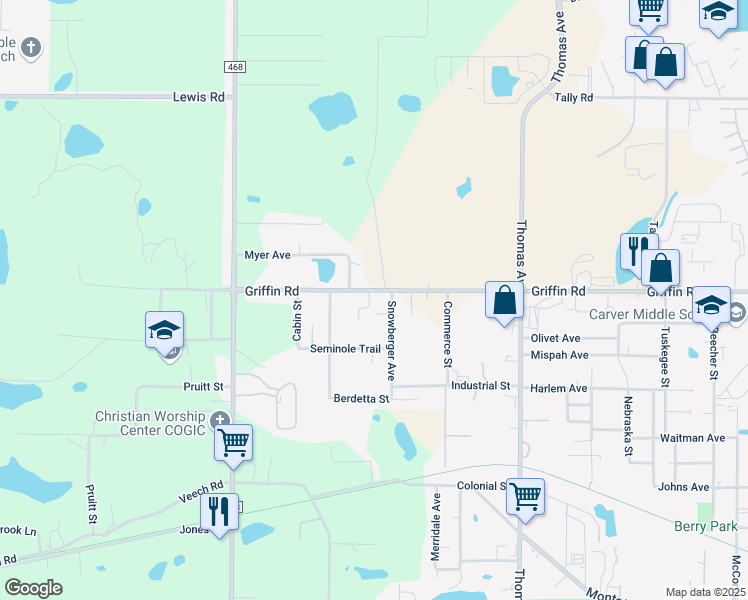 map of restaurants, bars, coffee shops, grocery stores, and more near 2703 Griffin Road in Leesburg