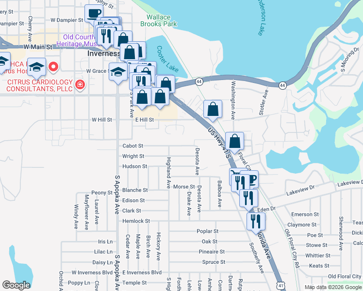 map of restaurants, bars, coffee shops, grocery stores, and more near 504 Cabot Street in Inverness