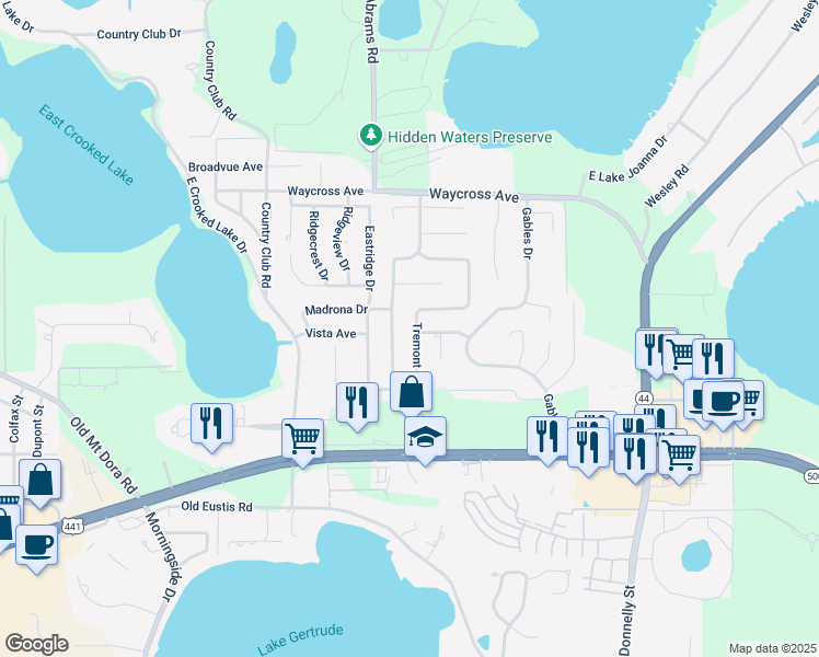 map of restaurants, bars, coffee shops, grocery stores, and more near 2661 Stardust Avenue in Eustis