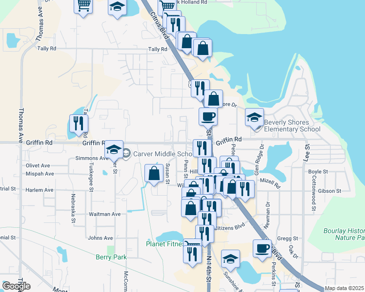map of restaurants, bars, coffee shops, grocery stores, and more near 1501 Griffin Road in Leesburg
