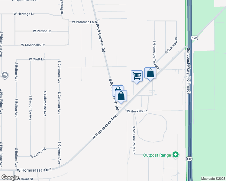map of restaurants, bars, coffee shops, grocery stores, and more near 2329 South Rock Crusher Road in Homosassa