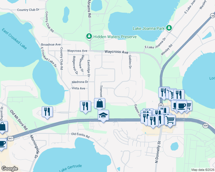 map of restaurants, bars, coffee shops, grocery stores, and more near 2591 Stardust Avenue in Eustis