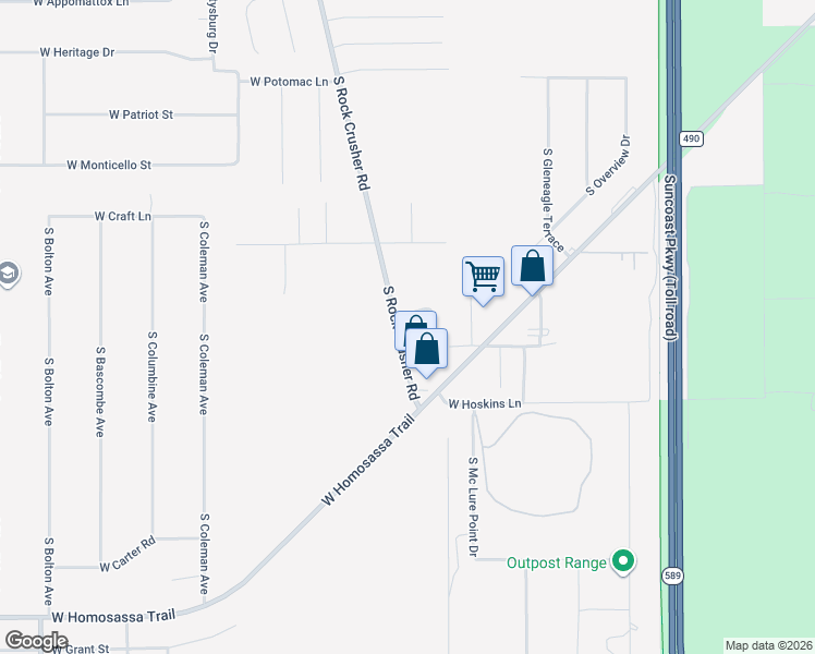 map of restaurants, bars, coffee shops, grocery stores, and more near 2329 South Rock Crusher Road in Homosassa