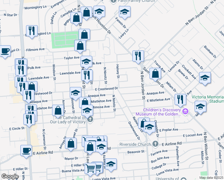 map of restaurants, bars, coffee shops, grocery stores, and more near 1611 East Crestwood Drive in Victoria