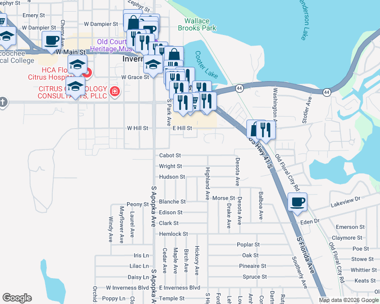 map of restaurants, bars, coffee shops, grocery stores, and more near 304 Cabot Street in Inverness