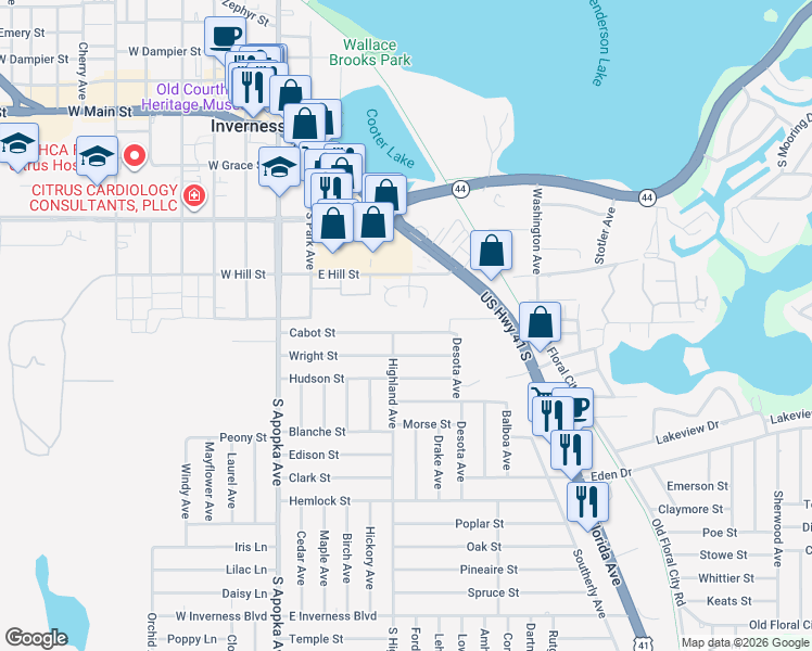 map of restaurants, bars, coffee shops, grocery stores, and more near 504 Cabot Street in Inverness