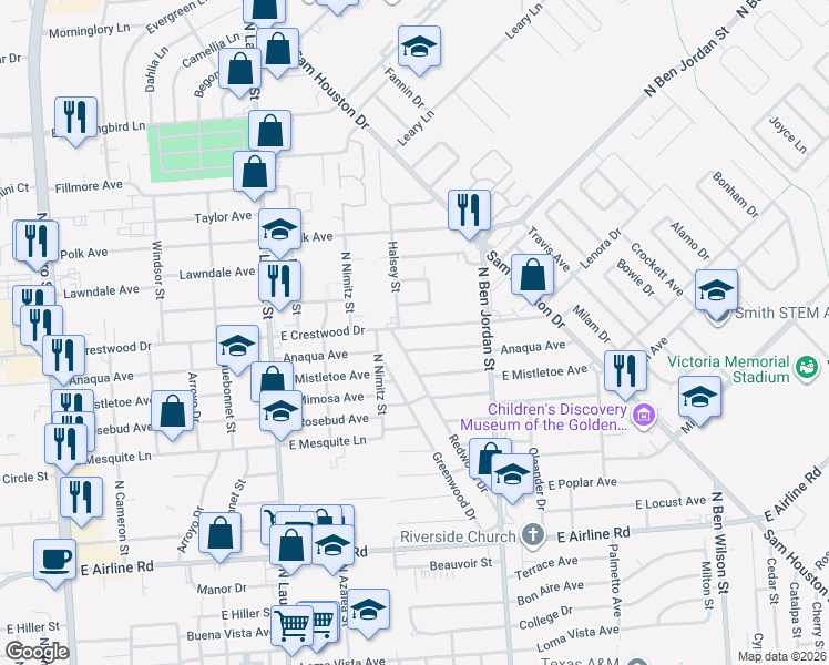 map of restaurants, bars, coffee shops, grocery stores, and more near 1807 East Crestwood Drive in Victoria